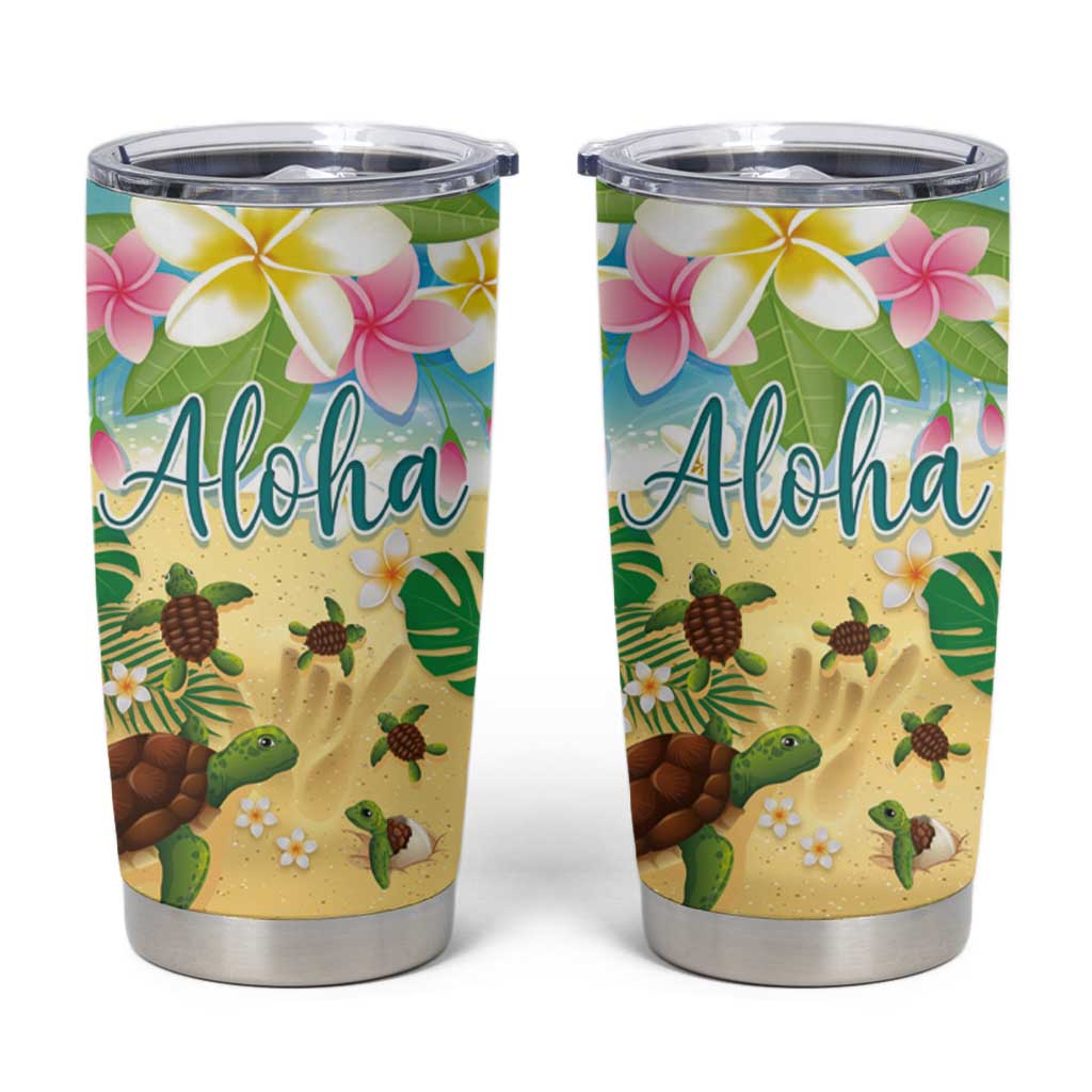 Hawaii Aloha Turtle Family on The Beach with Colorful Tropical Flowers Tumbler Cup LT03 Beige - Polynesian Pride