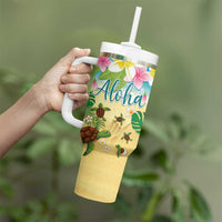 Hawaii Aloha Turtle Family on The Beach with Colorful Tropical Flowers Tumbler With Handle LT03 - Polynesian Pride