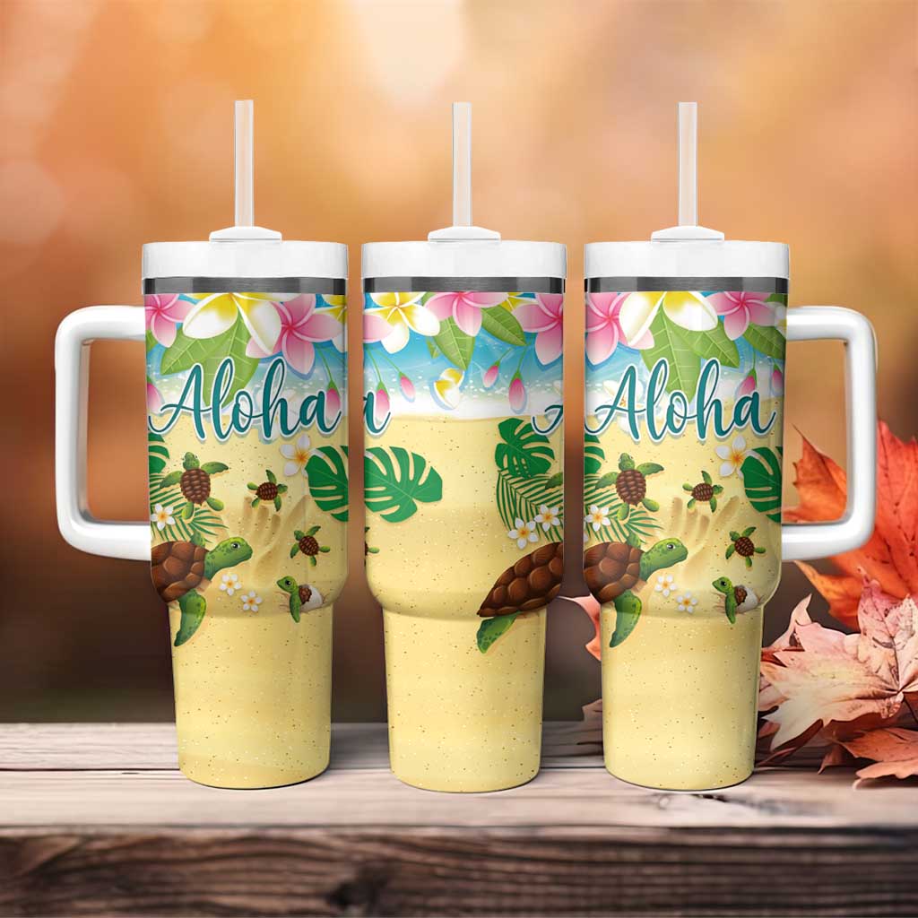 Hawaii Aloha Turtle Family on The Beach with Colorful Tropical Flowers Tumbler With Handle LT03 - Polynesian Pride