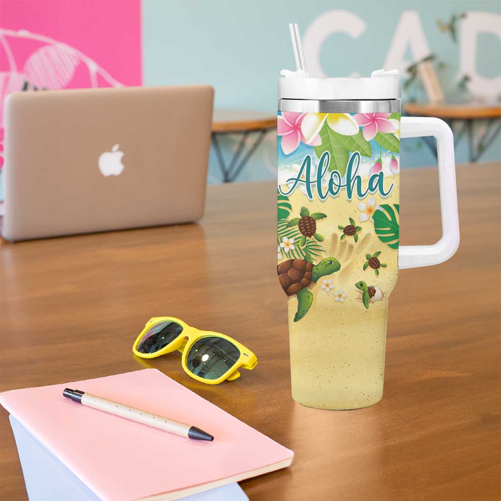 Hawaii Aloha Turtle Family on The Beach with Colorful Tropical Flowers Tumbler With Handle LT03 - Polynesian Pride