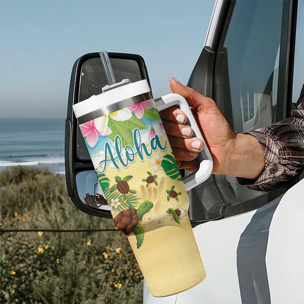Hawaii Aloha Turtle Family on The Beach with Colorful Tropical Flowers Tumbler With Handle LT03 - Polynesian Pride