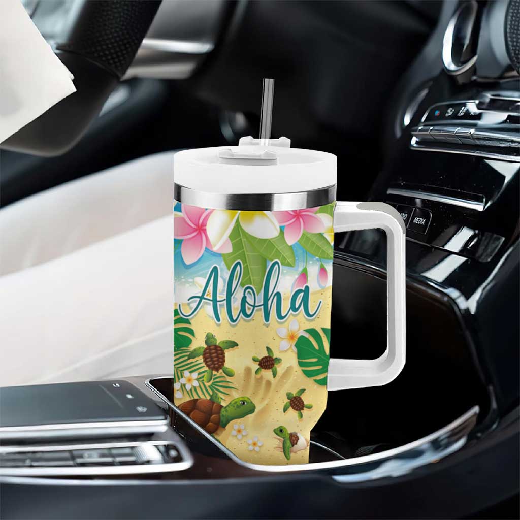 Hawaii Aloha Turtle Family on The Beach with Colorful Tropical Flowers Tumbler With Handle LT03 - Polynesian Pride