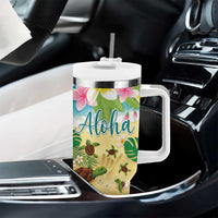 Hawaii Aloha Turtle Family on The Beach with Colorful Tropical Flowers Tumbler With Handle LT03 - Polynesian Pride