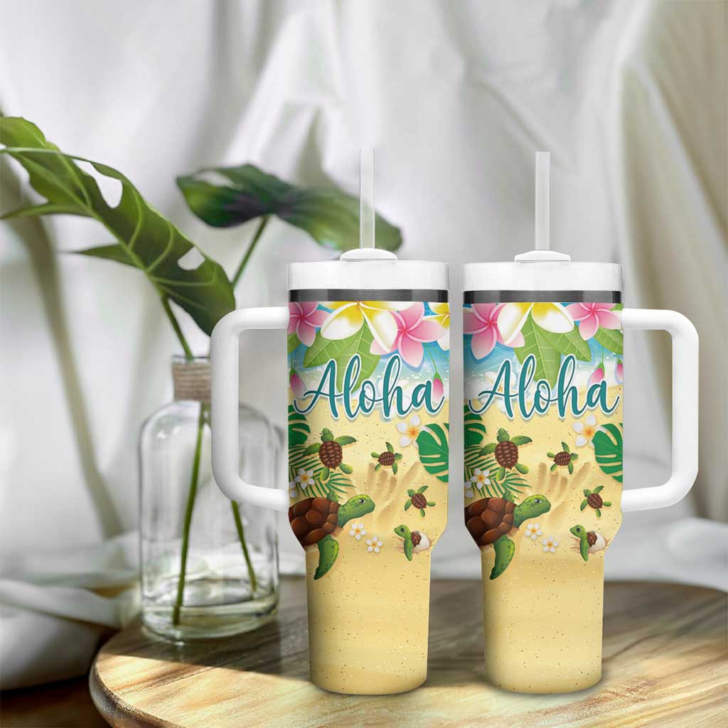 Hawaii Aloha Turtle Family on The Beach with Colorful Tropical Flowers Tumbler With Handle LT03 - Polynesian Pride