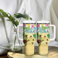 Hawaii Aloha Turtle Family on The Beach with Colorful Tropical Flowers Tumbler With Handle LT03 - Polynesian Pride