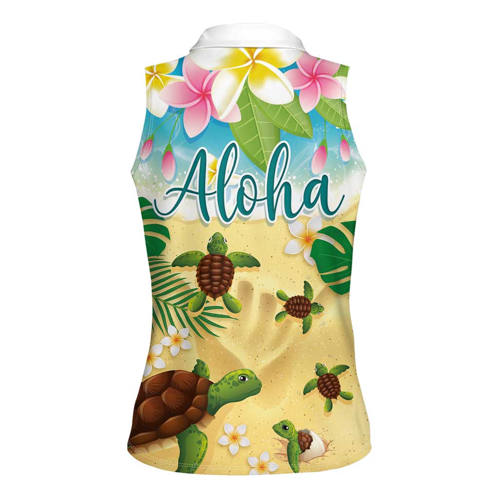 Aloha Turtle Family on The Beach Women Sleeveless Polo Shirt with Hawaiian Colorful Plumeria LT03 - Polynesian Pride