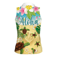 Aloha Turtle Family on The Beach Women Sleeveless Polo Shirt with Hawaiian Colorful Plumeria LT03 - Polynesian Pride