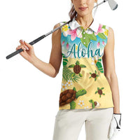 Aloha Turtle Family on The Beach Women Sleeveless Polo Shirt with Hawaiian Colorful Plumeria LT03 - Polynesian Pride