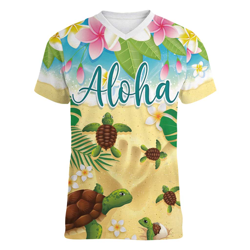 Aloha Turtle Family on The Beach Women V-Neck T-Shirt with Hawaiian Colorful Plumeria LT03 Female Beige - Polynesian Pride