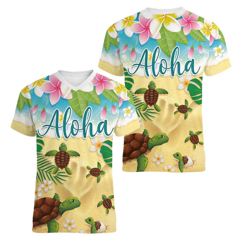 Aloha Turtle Family on The Beach Women V-Neck T-Shirt with Hawaiian Colorful Plumeria LT03 - Polynesian Pride