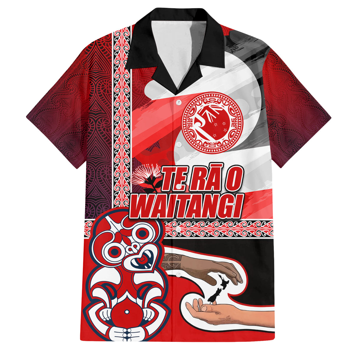 Maori Waitangi Family Matching Puletasi and Hawaiian Shirt Hei-tiki Koru with Tino Rangatiratanga Maori Flag LT03 Dad's Shirt - Short Sleeve Red - Polynesian Pride