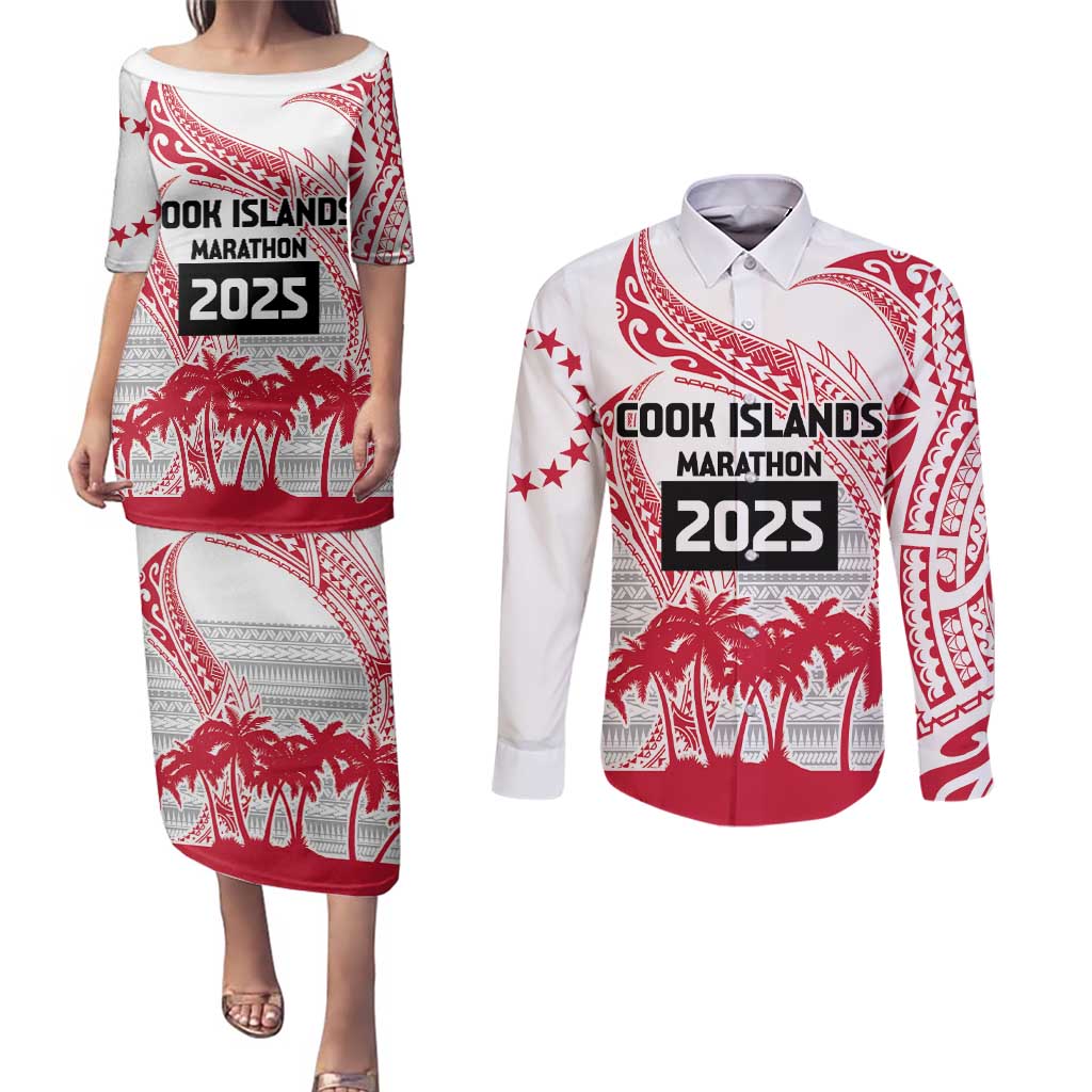 Cook Islands Marathon 2025-Pursuit in Paradise Couples Matching Puletasi and Long Sleeve Button Shirt Red Color LT03 Red - Polynesian Pride