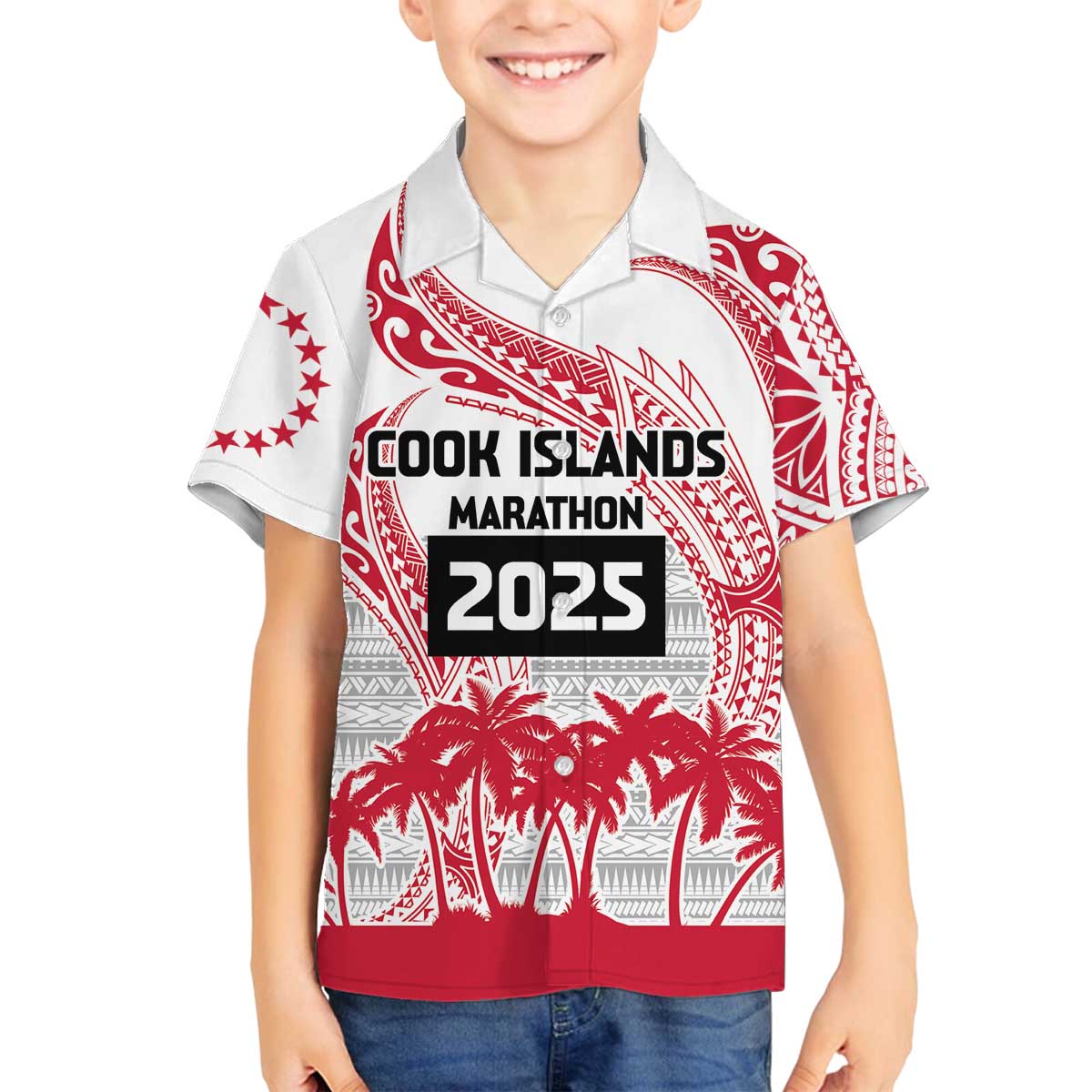 Cook Islands Marathon 2025-Pursuit in Paradise Family Matching Off The Shoulder Long Sleeve Dress and Hawaiian Shirt Red Color LT03 Son's Shirt Red - Polynesian Pride