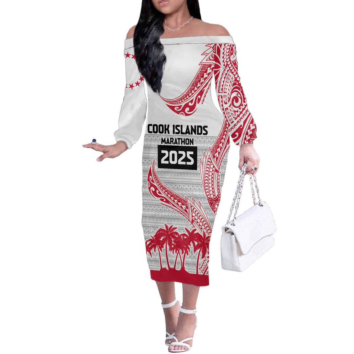 Cook Islands Marathon 2025-Pursuit in Paradise Off The Shoulder Long Sleeve Dress Red Color LT03 Women Red - Polynesian Pride