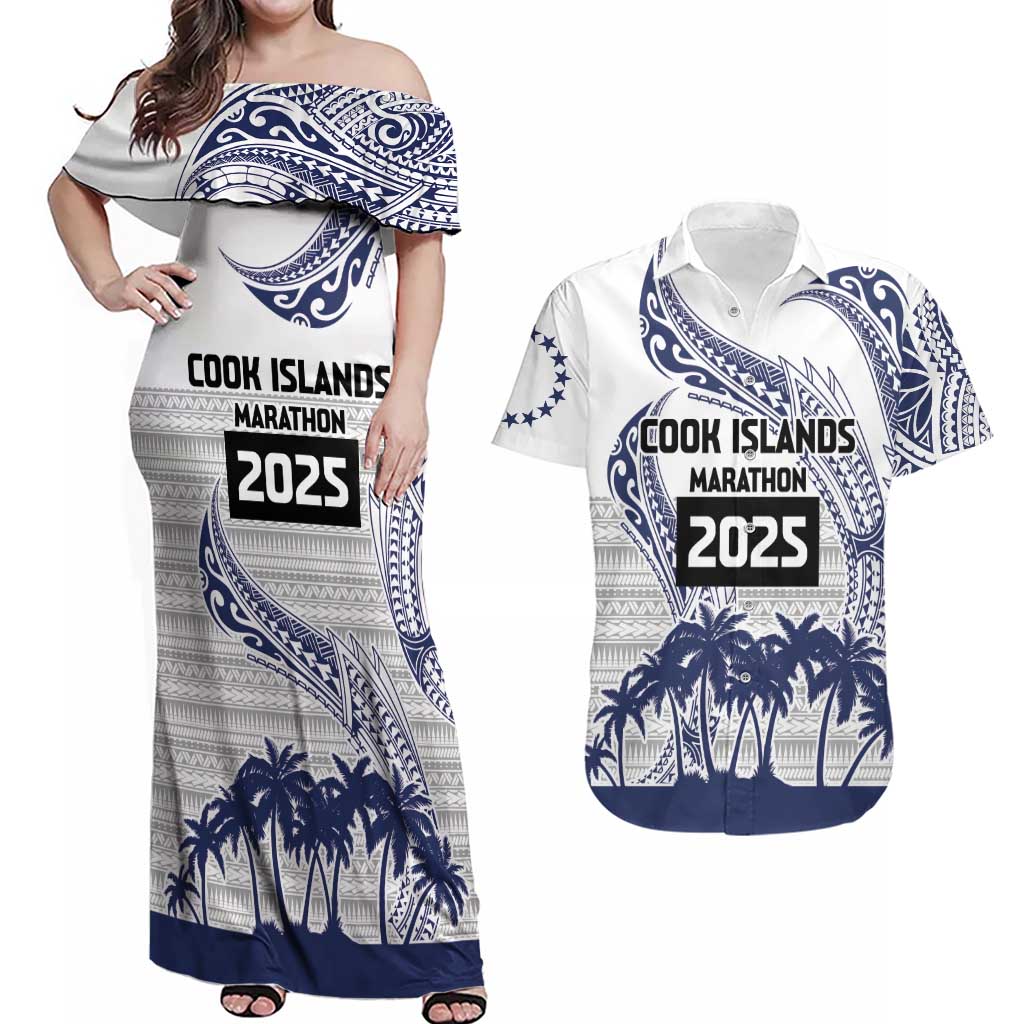Cook Islands Marathon 2025-Pursuit in Paradise Couples Matching Off Shoulder Maxi Dress and Hawaiian Shirt Blue Color LT03 Blue - Polynesian Pride