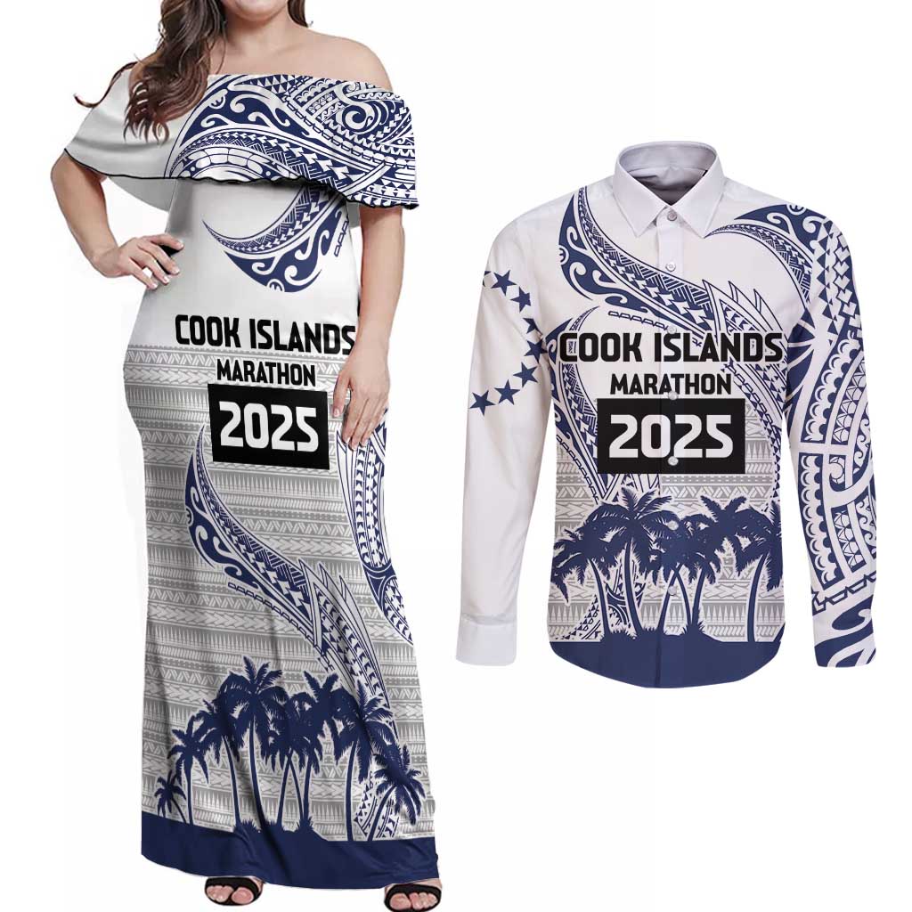 Cook Islands Marathon 2025-Pursuit in Paradise Couples Matching Off Shoulder Maxi Dress and Long Sleeve Button Shirt Blue Color LT03 Blue - Polynesian Pride