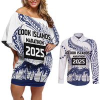 Cook Islands Marathon 2025-Pursuit in Paradise Couples Matching Off Shoulder Short Dress and Long Sleeve Button Shirt Blue Color LT03 Blue - Polynesian Pride