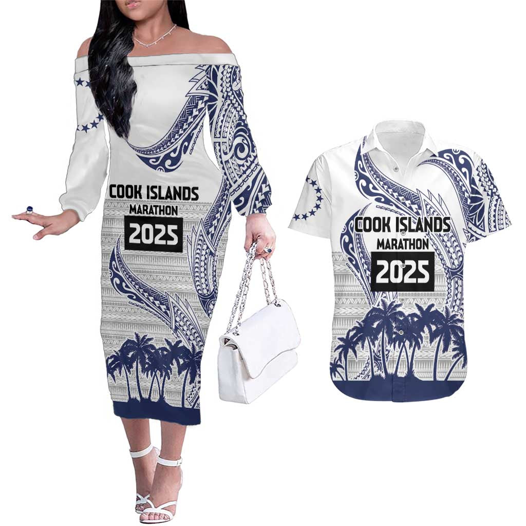 Cook Islands Marathon 2025-Pursuit in Paradise Couples Matching Off The Shoulder Long Sleeve Dress and Hawaiian Shirt Blue Color LT03 Blue - Polynesian Pride
