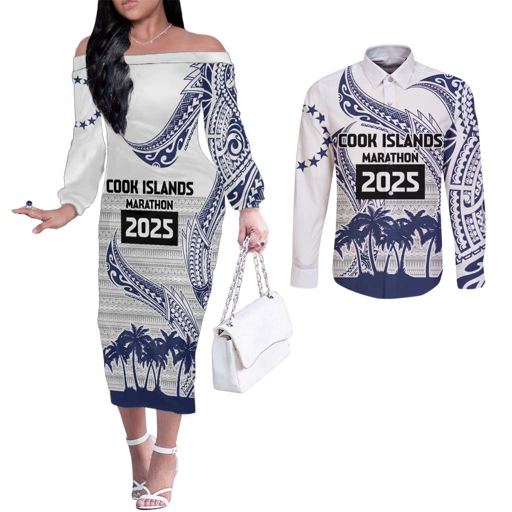 Cook Islands Marathon 2025-Pursuit in Paradise Couples Matching Off The Shoulder Long Sleeve Dress and Long Sleeve Button Shirt Blue Color LT03 Blue - Polynesian Pride