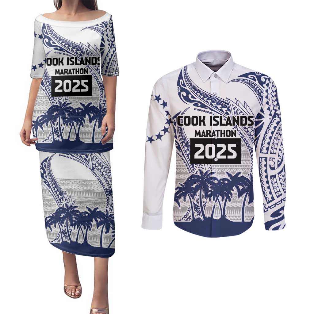 Cook Islands Marathon 2025-Pursuit in Paradise Couples Matching Puletasi and Long Sleeve Button Shirt Blue Color LT03 Blue - Polynesian Pride
