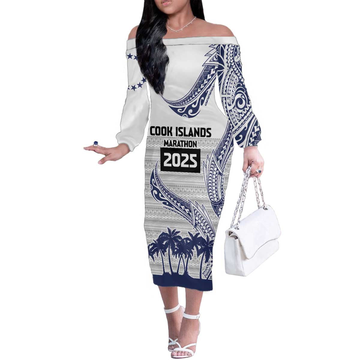 Cook Islands Marathon 2025-Pursuit in Paradise Family Matching Off The Shoulder Long Sleeve Dress and Hawaiian Shirt Blue Color LT03 Mom's Dress Blue - Polynesian Pride