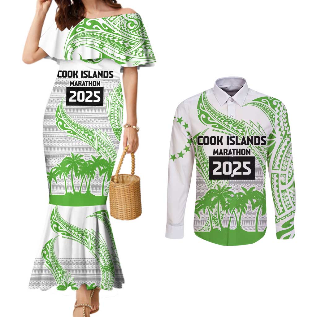 Cook Islands Marathon 2025-Pursuit in Paradise Couples Matching Mermaid Dress and Long Sleeve Button Shirt Green Color LT03 Green - Polynesian Pride
