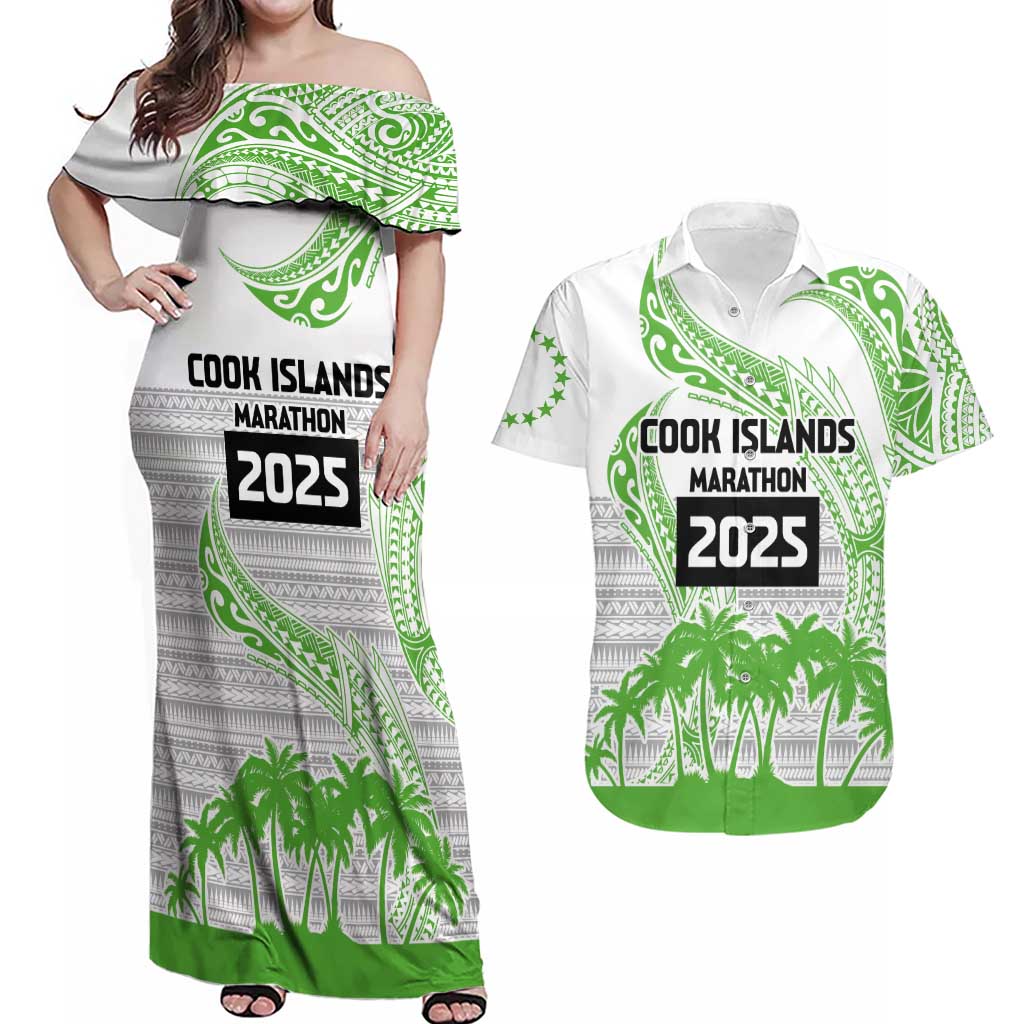 Cook Islands Marathon 2025-Pursuit in Paradise Couples Matching Off Shoulder Maxi Dress and Hawaiian Shirt Green Color LT03 Green - Polynesian Pride