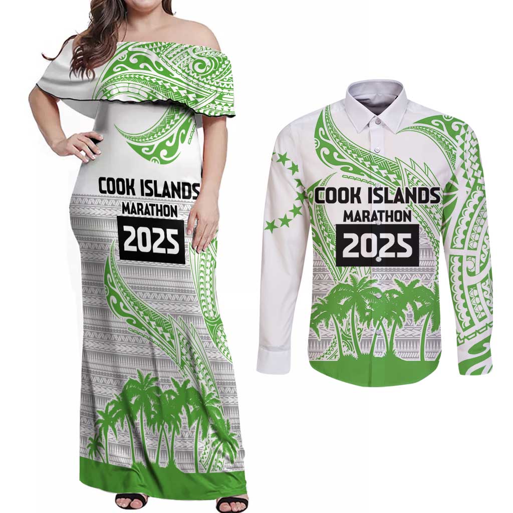Cook Islands Marathon 2025-Pursuit in Paradise Couples Matching Off Shoulder Maxi Dress and Long Sleeve Button Shirt Green Color LT03 Green - Polynesian Pride