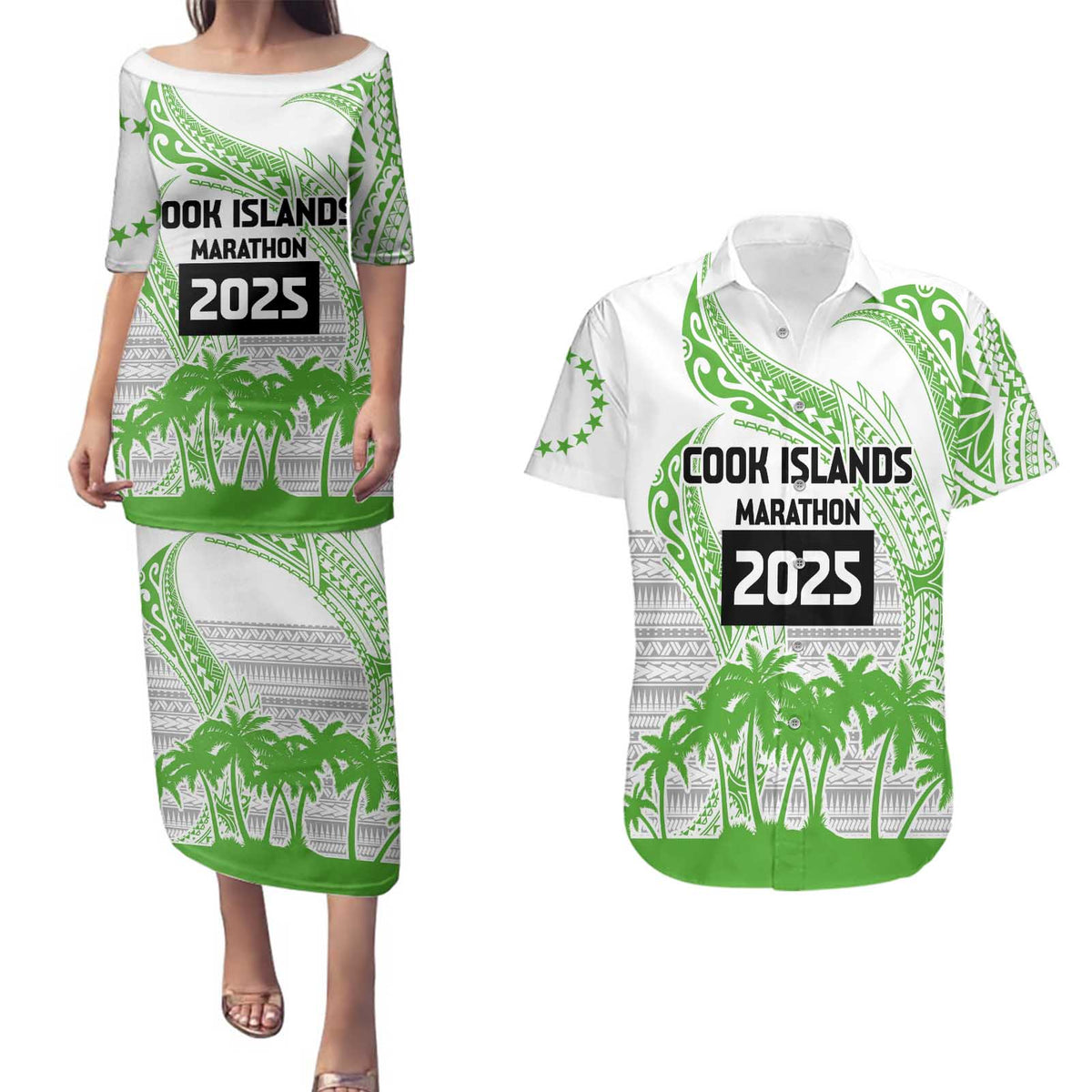 Cook Islands Marathon 2025-Pursuit in Paradise Couples Matching Puletasi and Hawaiian Shirt Green Color LT03 Green - Polynesian Pride