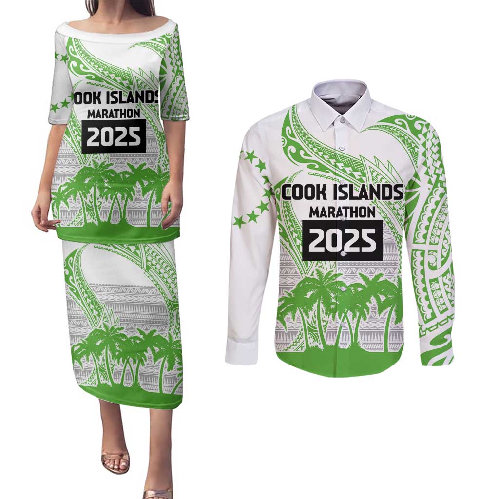 Cook Islands Marathon 2025-Pursuit in Paradise Couples Matching Puletasi and Long Sleeve Button Shirt Green Color LT03 Green - Polynesian Pride