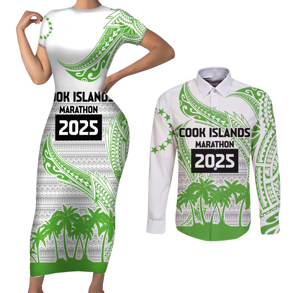 Cook Islands Marathon 2025-Pursuit in Paradise Couples Matching Short Sleeve Bodycon Dress and Long Sleeve Button Shirt Green Color LT03 Green - Polynesian Pride