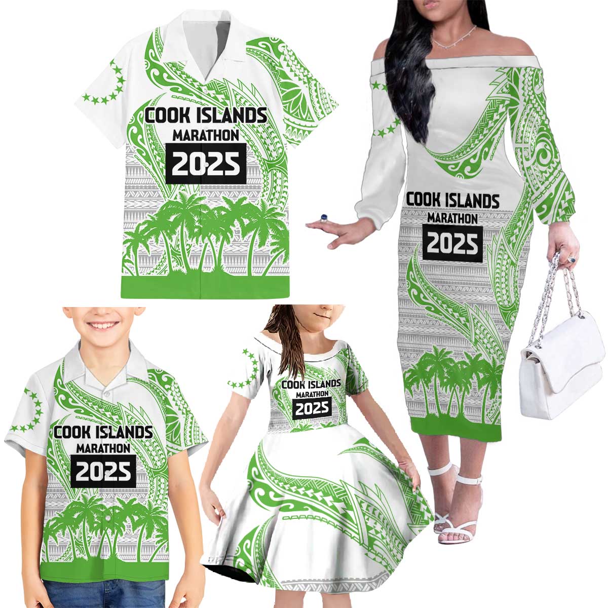 Cook Islands Marathon 2025-Pursuit in Paradise Family Matching Off The Shoulder Long Sleeve Dress and Hawaiian Shirt Green Color LT03 - Polynesian Pride