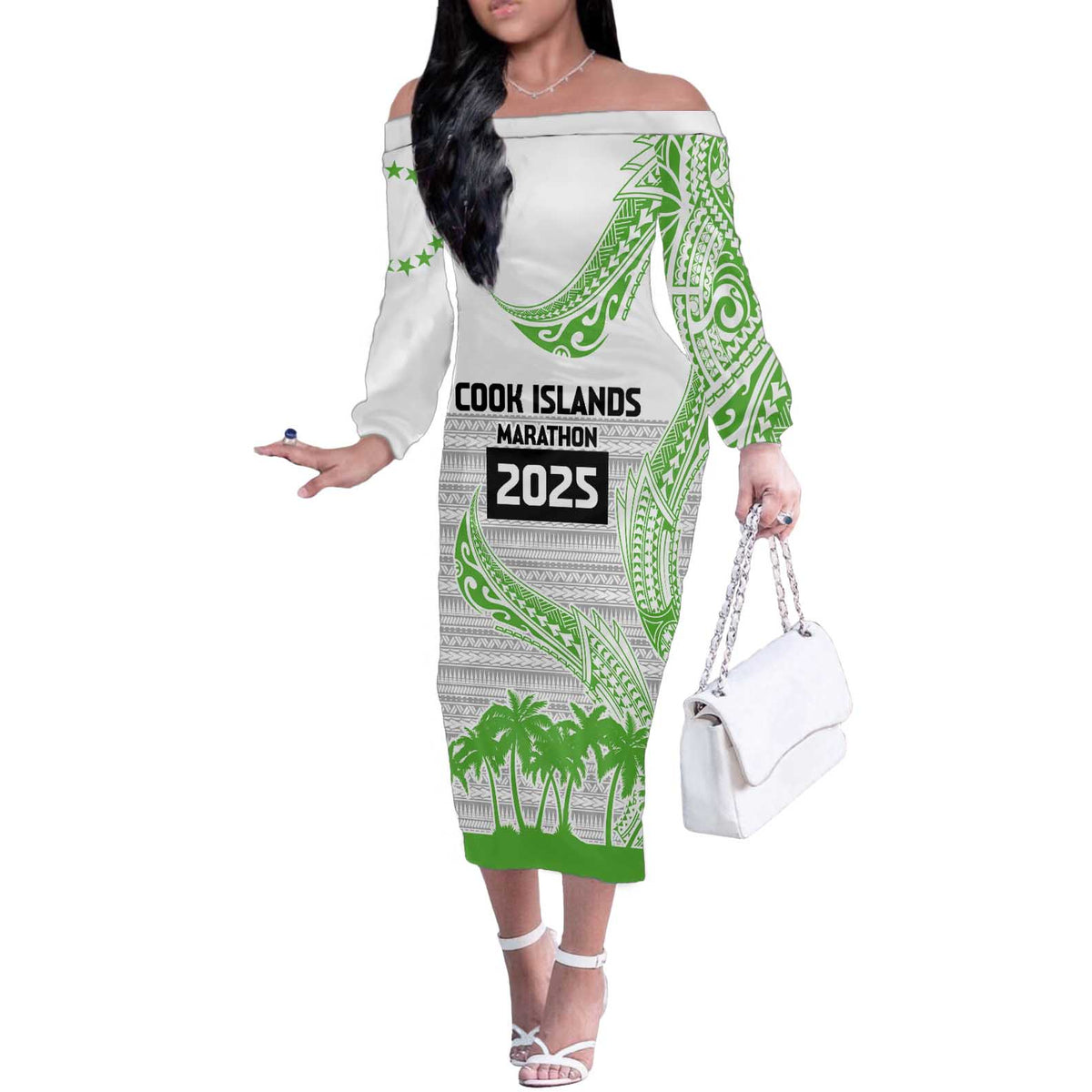 Cook Islands Marathon 2025-Pursuit in Paradise Off The Shoulder Long Sleeve Dress Green Color LT03 Women Green - Polynesian Pride