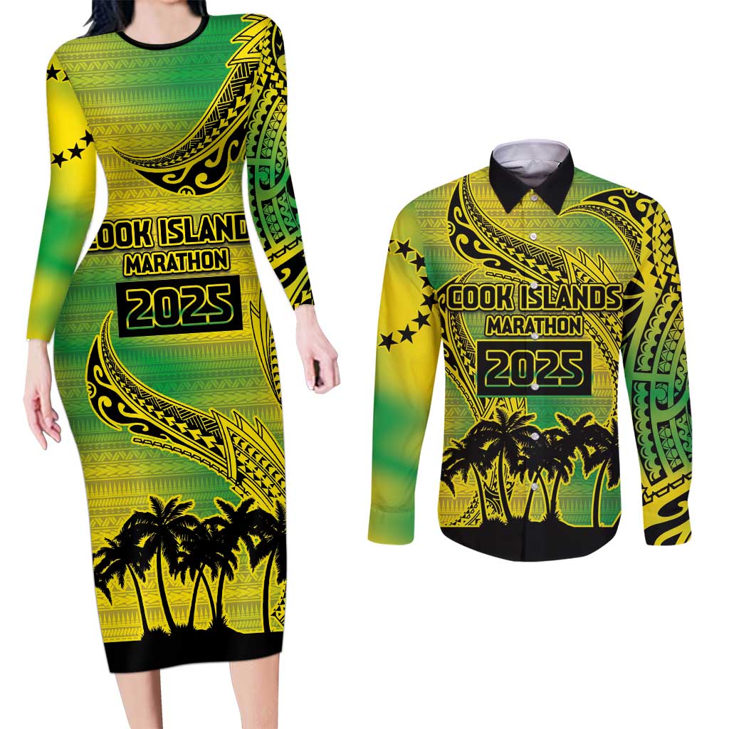 Cook Islands Marathon 2025-Pursuit in Paradise Couples Matching Long Sleeve Bodycon Dress and Long Sleeve Button Shirt Special Edition LT03 Yellow-Green - Polynesian Pride