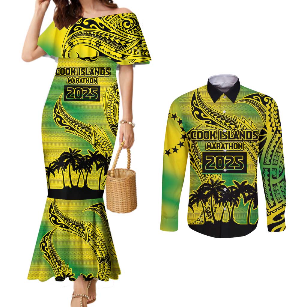 Cook Islands Marathon 2025-Pursuit in Paradise Couples Matching Mermaid Dress and Long Sleeve Button Shirt Special Edition LT03 Yellow-Green - Polynesian Pride