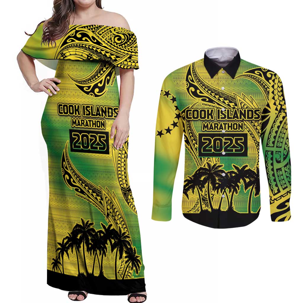 Cook Islands Marathon 2025-Pursuit in Paradise Couples Matching Off Shoulder Maxi Dress and Long Sleeve Button Shirt Special Edition LT03 Yellow-Green - Polynesian Pride