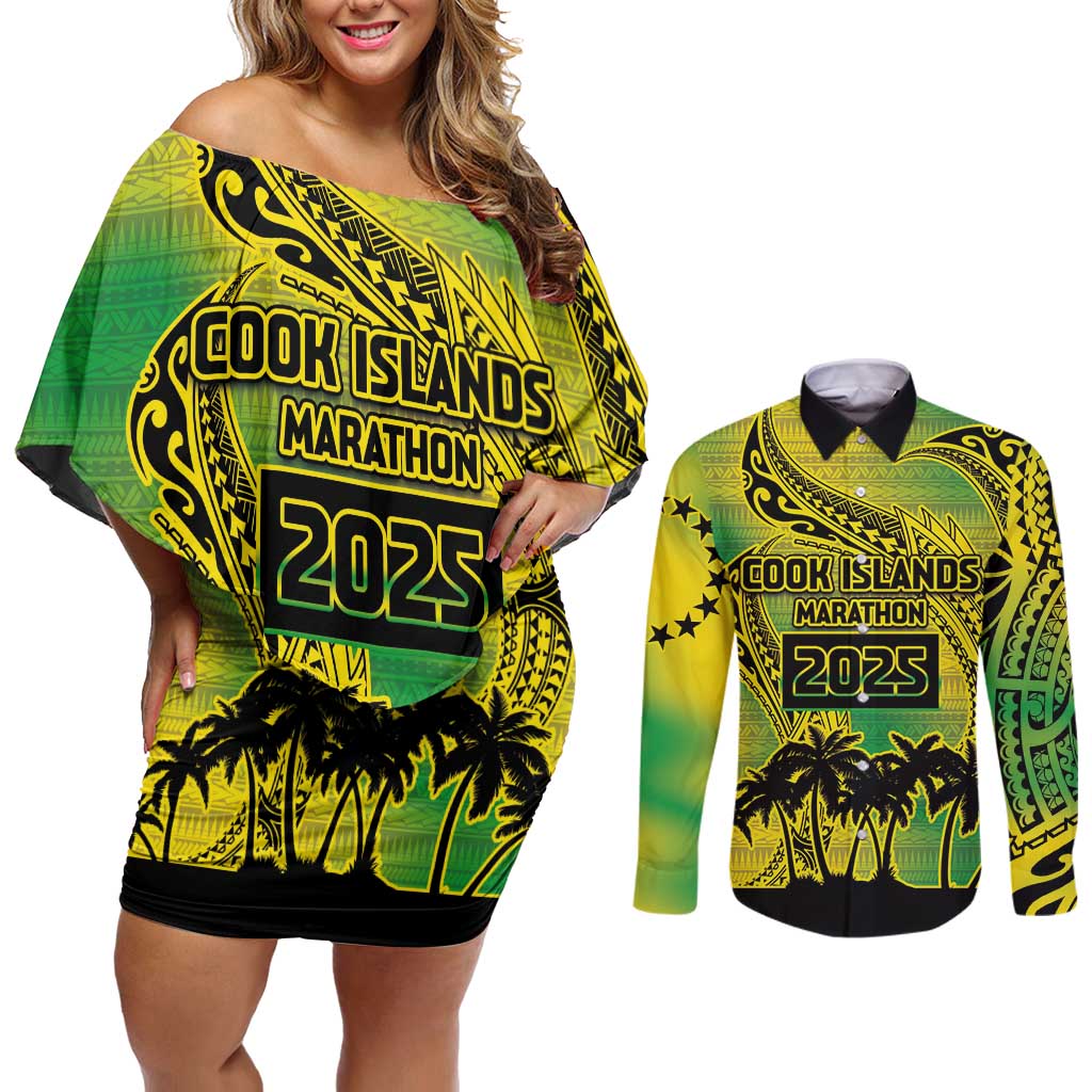 Cook Islands Marathon 2025-Pursuit in Paradise Couples Matching Off Shoulder Short Dress and Long Sleeve Button Shirt Special Edition LT03 Yellow-Green - Polynesian Pride