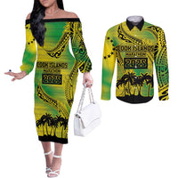 Cook Islands Marathon 2025-Pursuit in Paradise Couples Matching Off The Shoulder Long Sleeve Dress and Long Sleeve Button Shirt Special Edition LT03 Yellow-Green - Polynesian Pride