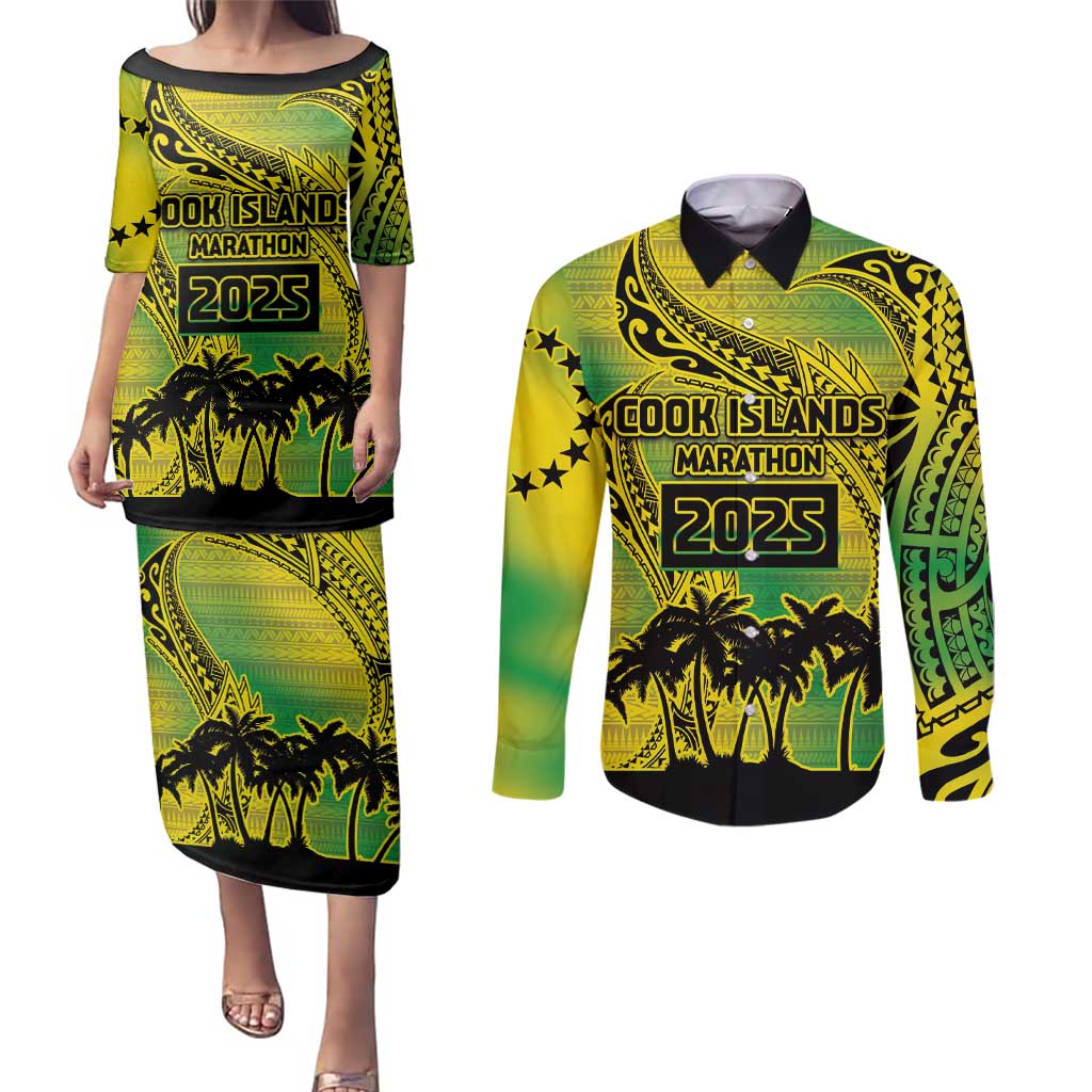 Cook Islands Marathon 2025-Pursuit in Paradise Couples Matching Puletasi and Long Sleeve Button Shirt Special Edition LT03 Yellow-Green - Polynesian Pride