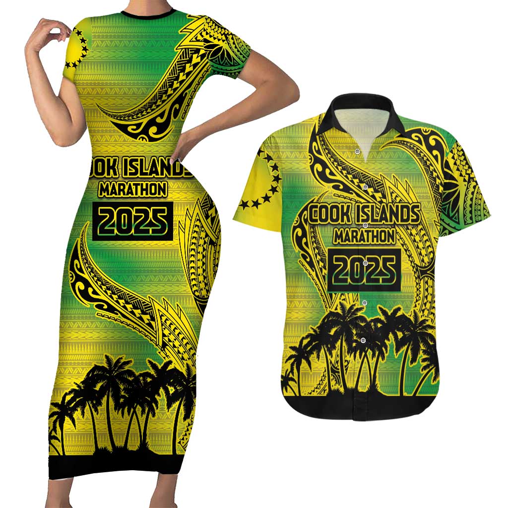 Cook Islands Marathon 2025-Pursuit in Paradise Couples Matching Short Sleeve Bodycon Dress and Hawaiian Shirt Special Edition LT03 Yellow-Green - Polynesian Pride