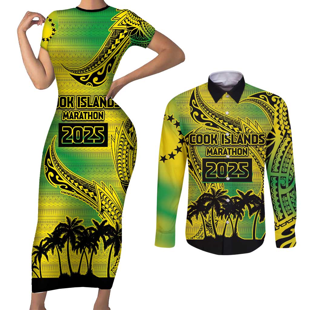 Cook Islands Marathon 2025-Pursuit in Paradise Couples Matching Short Sleeve Bodycon Dress and Long Sleeve Button Shirt Special Edition LT03 Yellow-Green - Polynesian Pride