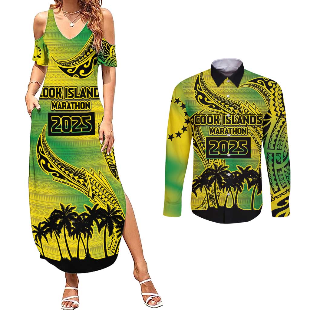 Cook Islands Marathon 2025-Pursuit in Paradise Couples Matching Summer Maxi Dress and Long Sleeve Button Shirt Special Edition LT03 Yellow-Green - Polynesian Pride