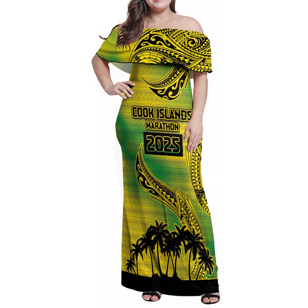 Cook Islands Marathon 2025-Pursuit in Paradise Family Matching Off Shoulder Maxi Dress and Hawaiian Shirt Special Edition LT03 Mom's Dress Yellow-Green - Polynesian Pride