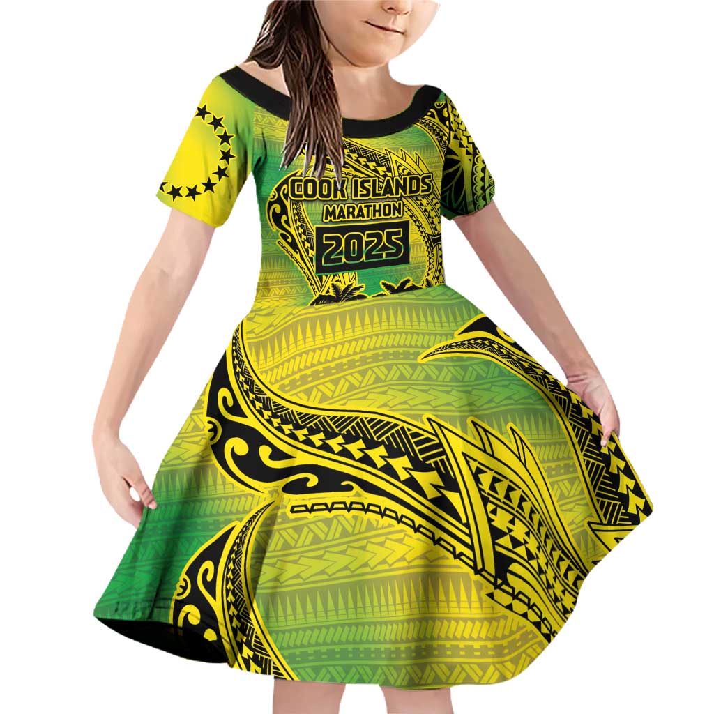 Cook Islands Marathon 2025-Pursuit in Paradise Family Matching Off Shoulder Short Dress and Hawaiian Shirt Special Edition LT03 Daughter's Dress Yellow-Green - Polynesian Pride