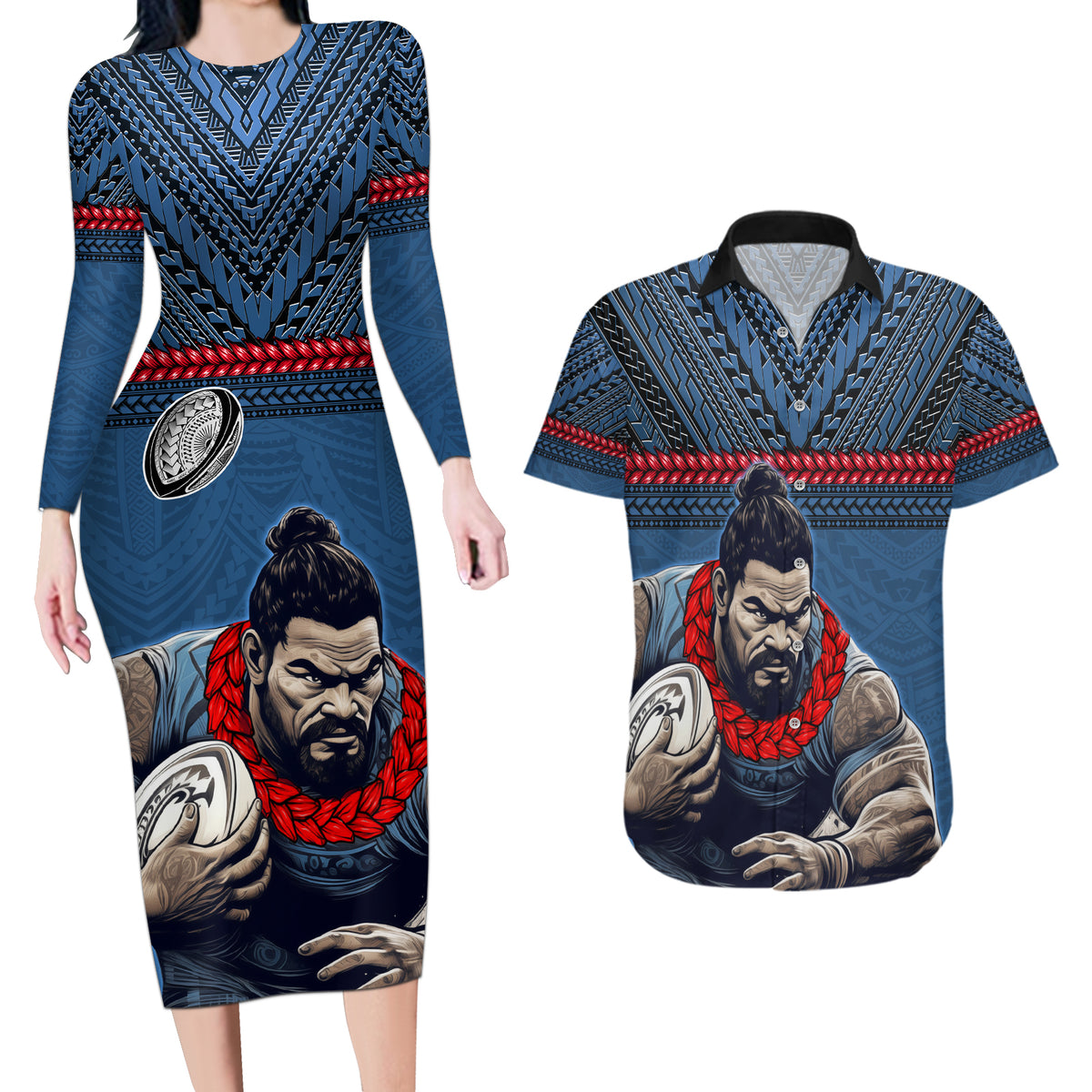 Custom Toa Samoa Rugby Couples Matching Long Sleeve Bodycon Dress and Hawaiian Shirt Samoan Warrior Ula Fala Tribal Pattern LT03 Blue - Polynesian Pride