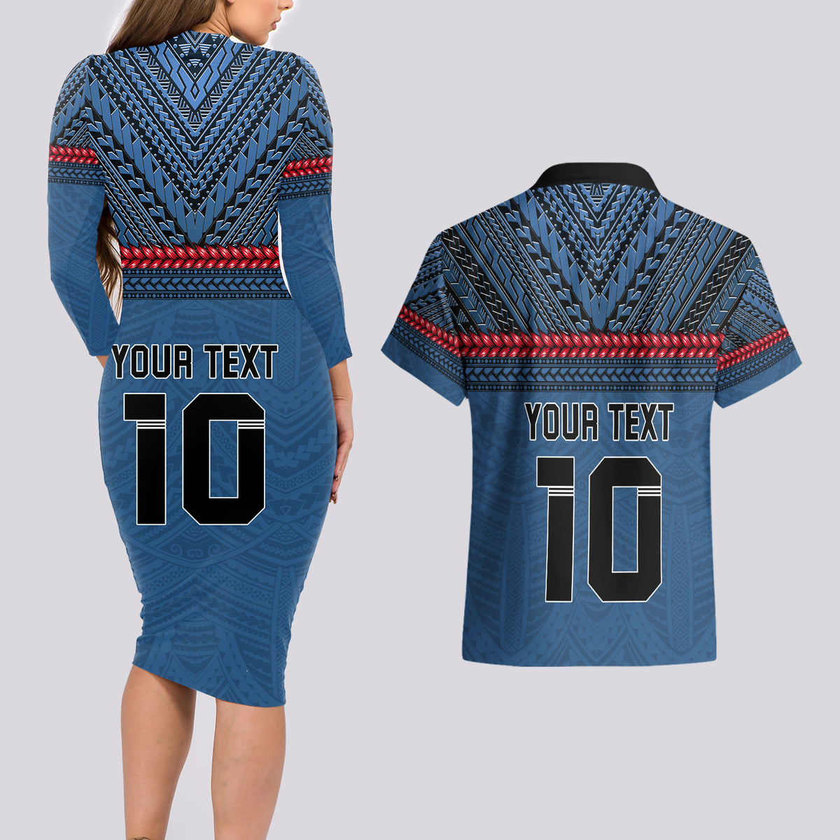 Custom Toa Samoa Rugby Couples Matching Long Sleeve Bodycon Dress and Hawaiian Shirt Samoan Warrior Ula Fala Tribal Pattern LT03 - Polynesian Pride
