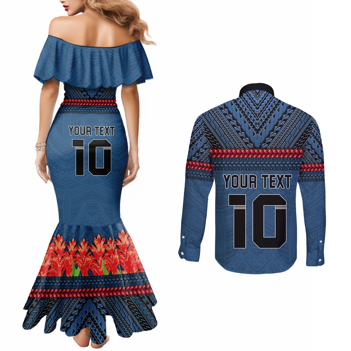 Custom Toa Samoa Rugby Couples Matching Mermaid Dress and Long Sleeve Button Shirt Samoan Warrior Ula Fala Tribal Pattern LT03