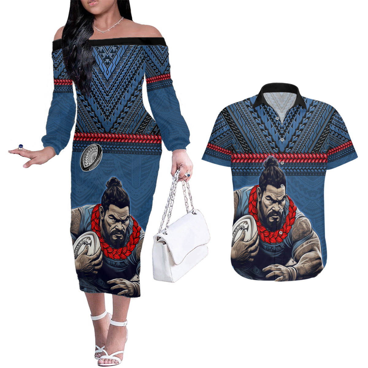 Custom Toa Samoa Rugby Couples Matching Off The Shoulder Long Sleeve Dress and Hawaiian Shirt Samoan Warrior Ula Fala Tribal Pattern LT03 Blue - Polynesian Pride