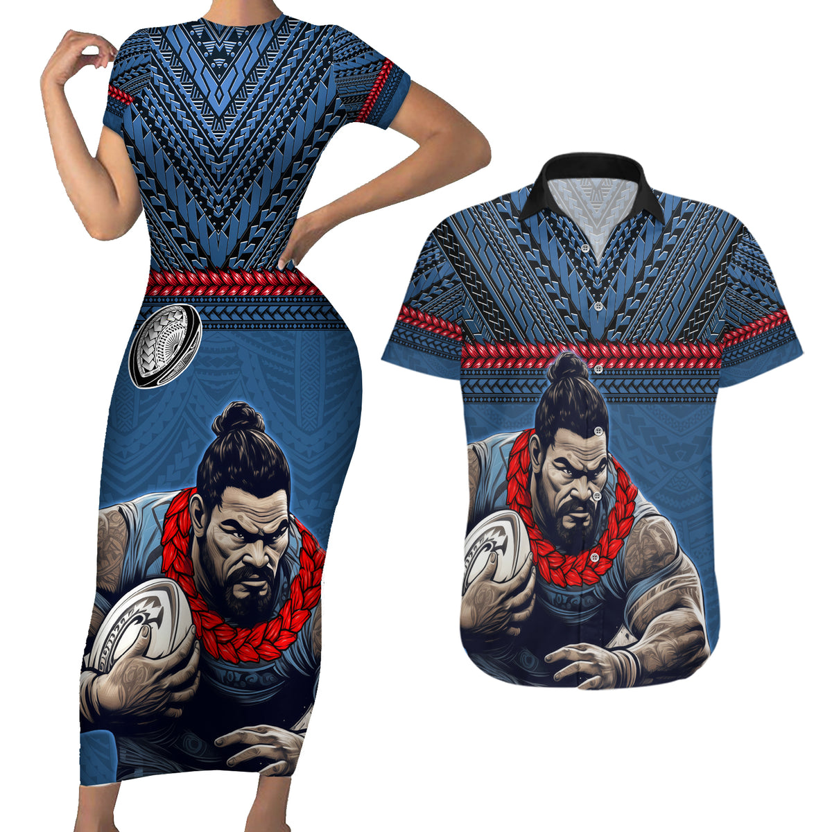 Custom Toa Samoa Rugby Couples Matching Short Sleeve Bodycon Dress and Hawaiian Shirt Samoan Warrior Ula Fala Tribal Pattern LT03 Blue - Polynesian Pride