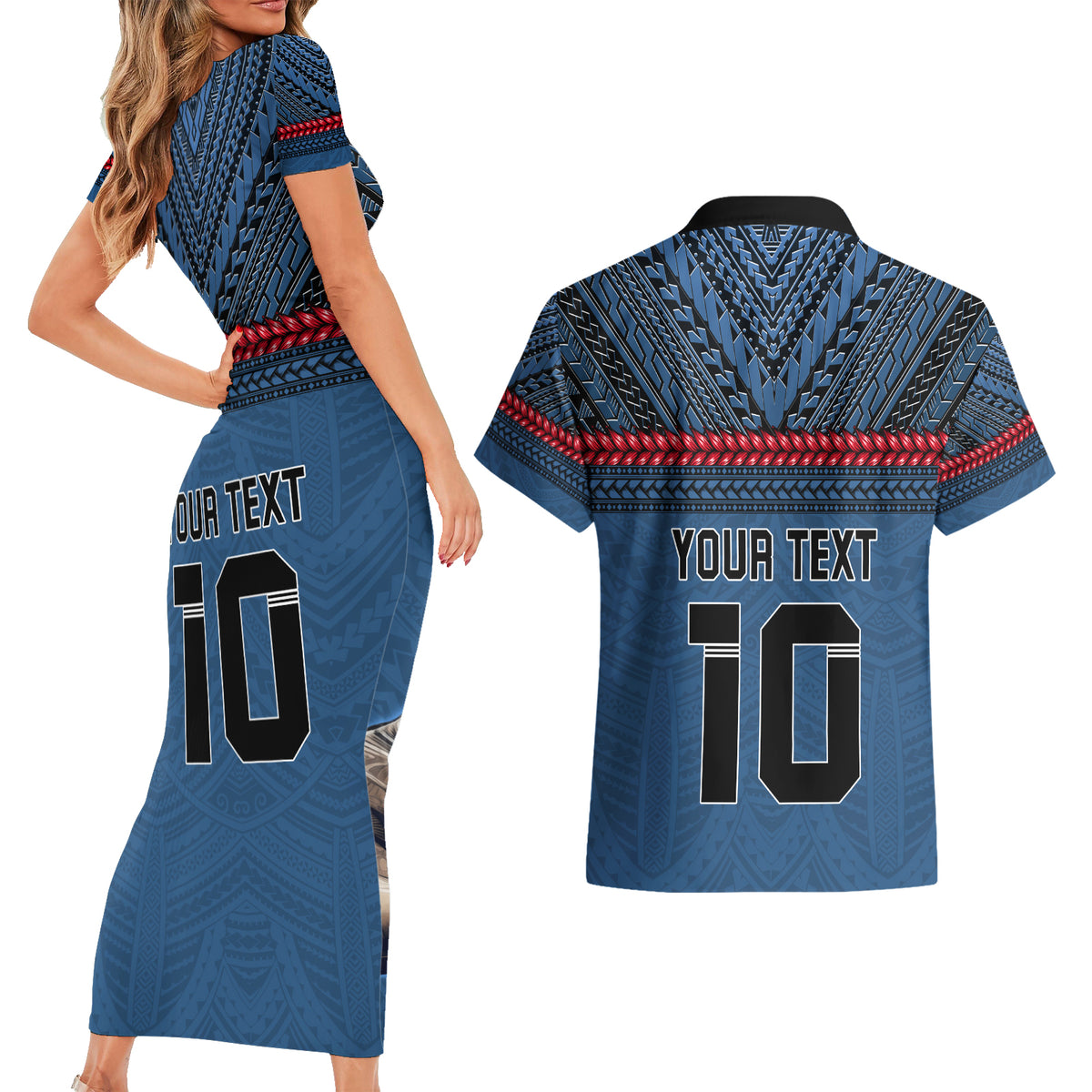 Custom Toa Samoa Rugby Couples Matching Short Sleeve Bodycon Dress and Hawaiian Shirt Samoan Warrior Ula Fala Tribal Pattern LT03 - Polynesian Pride